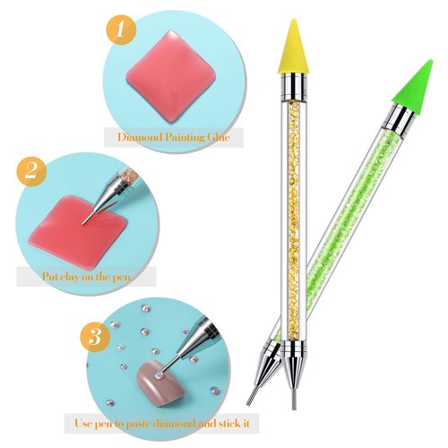 Tatuo 2 Pieces Rhinestone Picker Dotting Pen, Dual-ended Rhinestone Gems Crystals Studs Picker Wax Pencil Pen Crystal Beads Handle Manicure Nail Art DIY Decoration Tool (Green, Yellow)