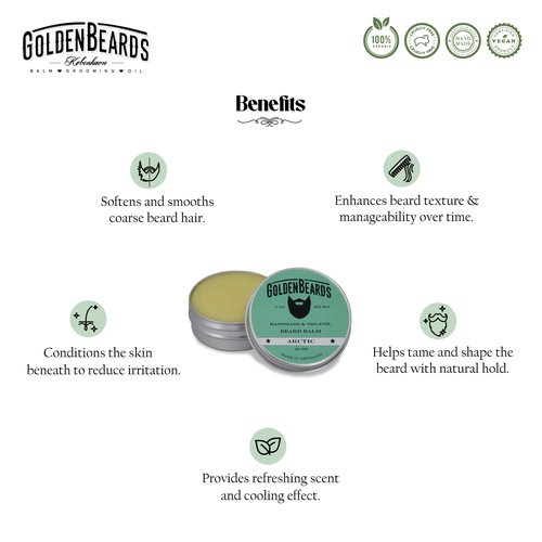 Golden Beards Organic Beard Balm Arctic – Shea, Cocoa & Beeswax Blend with Peppermint, Tea Tree & Orange Scent – 60ml Vegan Handmade Styling Balm for Beard Hydration & Freshness, Handmade in Denmark.