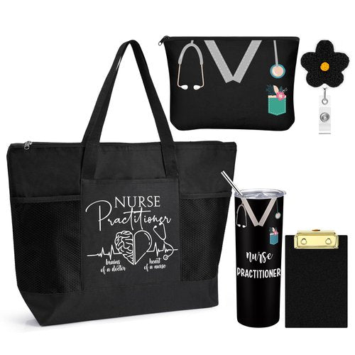Sieral 5 Pcs Nurse Gifts Bulk for Women NP Gifts Tumbler Tote Makeup Bag Badge Clipboard for Coworker Nurse Practitioners(Black)