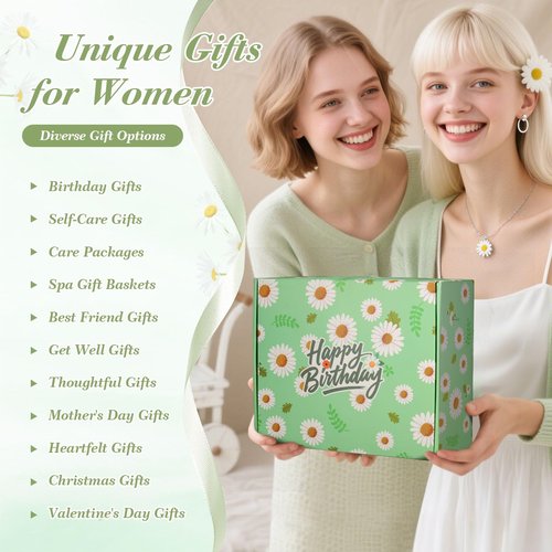 Birthday Gifts for Women Daisy Spa Gifts Box Set,Happy Birthday Gift Baskets for Mom Wife Girlfriend Best Friend Sister Self Care Valentines Day Gifts for Her with Blanket Vanilla Coconut Candle
