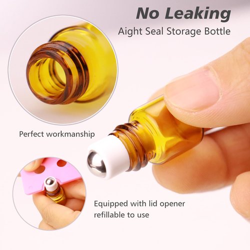 Matifaner 60 Pack 2ml Amber Glass Roll on Bottle For Essential Oils,Perfume Vial with Stainless Steel Roller Ball,Black Caps Mini Sample Vials Cosmetics Small Container