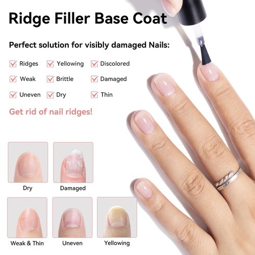 Nailshion Ridge Filler Base Coat 3-in-1 Nail Strengthener Growth for Damaged Uneven Nails & Ridges, Nourish VE & Protein-Fortifying Leveling Base for Smooth, Flawless Polish | Vegan Cruelty Free