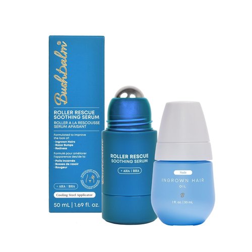 Bushbalm Ingrown Hair Roller Rescue And Nude Oil Bundle - Includes AHA & BHA - Exfoliating, Soothing, Cooling for Intimate Areas, Underarms - Helps With Razor Bumps and Ingrown Hairs, Blue