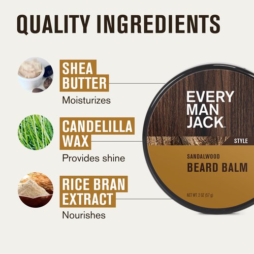Every Man Jack Beard Balm - Moisturize, Strengthen And Style Your Beard w/Medium Hold - Light Sandalwood Scent - Made w/Naturally Derived Ingredients like Candelilla Wax and Shea Butter - 2 oz