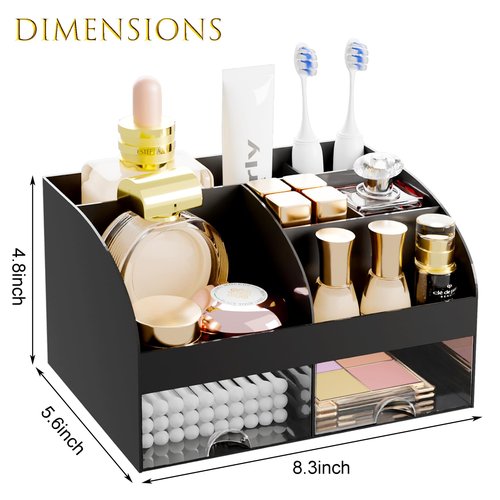 Makeup Organizer with 2 Drawers, Cosmetic Storage for Dresser Vanity and Bathroom Countertop,Make up organization and Skincare Storage with Beauty Brush Holder, Cosmetic Display Case (Black)
