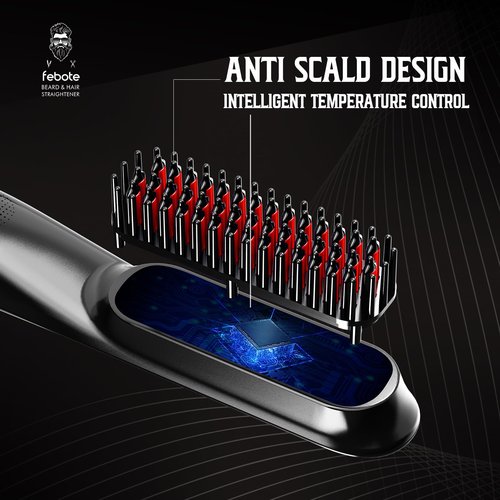 FEBOTE Heated Ionic Hair Straightening Brush for Men - 5 Temperature Settings, Anti-Scald, Beard Shaper & Travel Bag