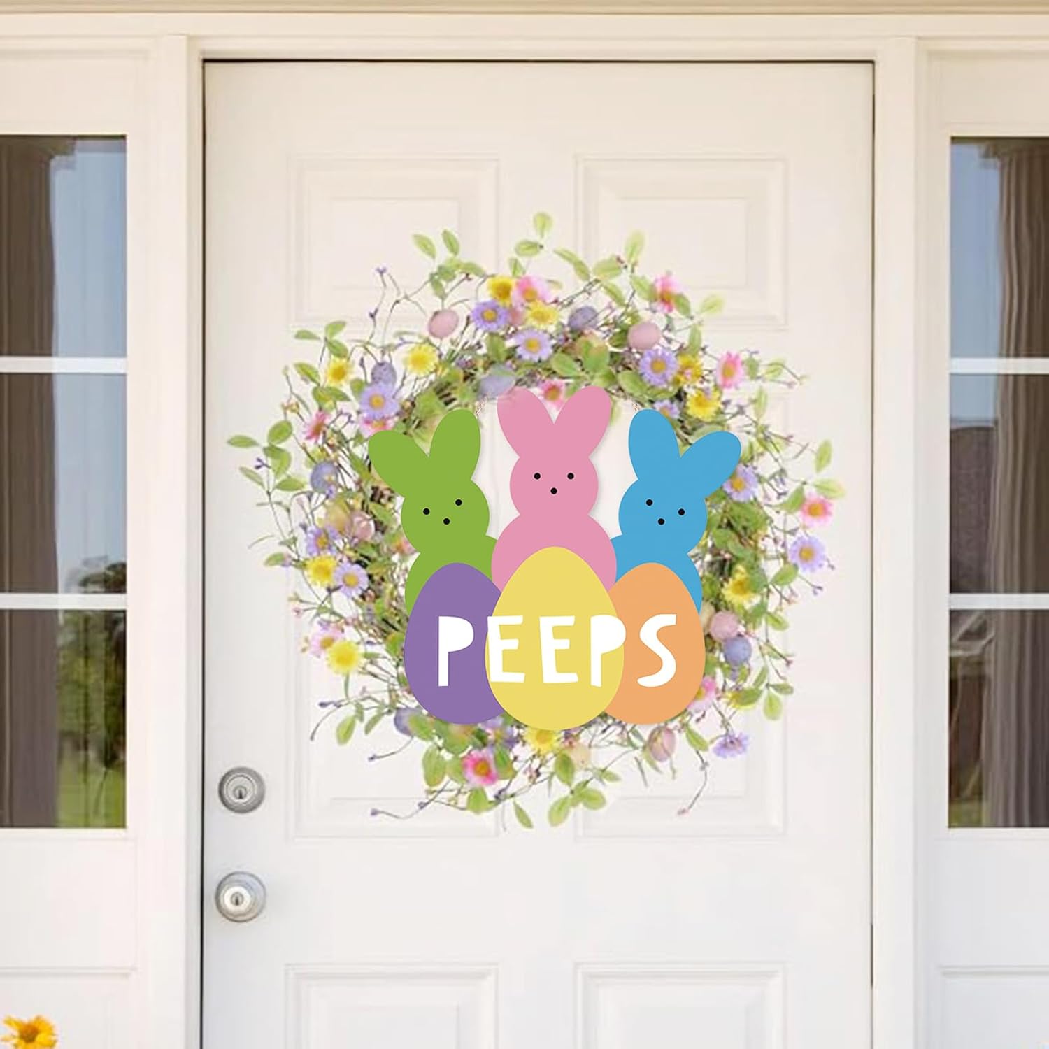 Welcome Peeps Easter Wreath - Cute Bunny Wood Hanging Sign for Farmhouse Door Decor