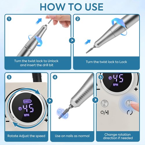 Professional Electric Nail Drill File 45000RPM, Cordless Nail E-File Machine with 7 Drill Bits, 56 Sanding Bands & Base, Portable Rechargeable Nail Drills for Acrylic Nails Gel Polishing (White)