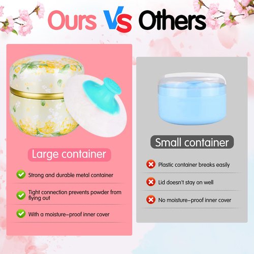 3 Pieces Body Powder Puff and Container, Baby Powder Container Floral Pattern with Large Fluffy Plush Puff Spoon, Baby Woman Loose Dusting Powder Tea Box for Home & Travel Use (Pink, Blue and Yellow)
