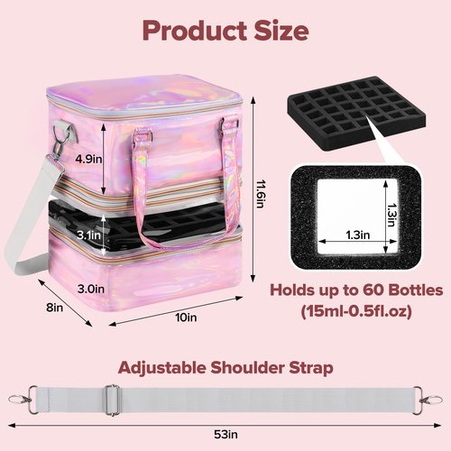 Nail Polish Organizer Case, 3 Layers Removable Nail Polish Storage Bag Holds 60 Bottles and Nail Lamp with Shoulder Strap Portable Holographic PU Leather Nail Kit Storage for Manicure Tools (Pink)