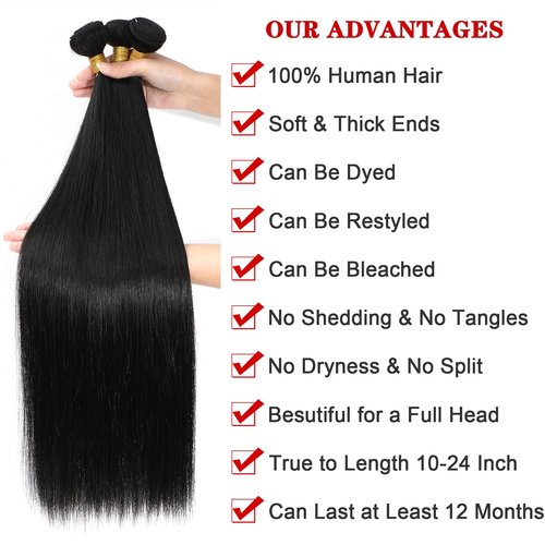 NROOEAY Straight Bundles Human Hair 20 inch 100% Unprocessed Brazilian Straight Hair Bundles 12A Remy Virgin Retain the Intact Cuticle, Long Lifespan