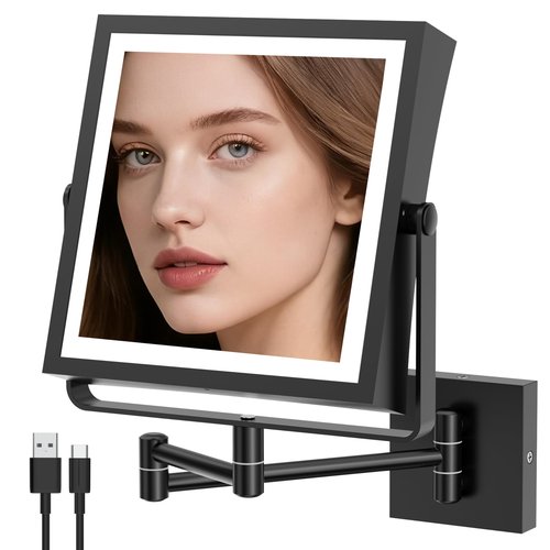 MIROAMZ Wall Mounted Lighted Makeup Mirror, Rechargeable Double-Sided 1X/10X Magnifying Mirror with Light, Touch Dimmable 3 Color Lights, 360° Rotation Extendable Arm (Matte Black)