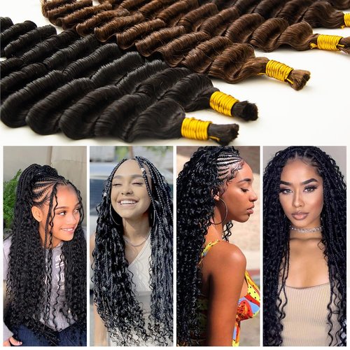 KRN Human Braiding Hair for Boho Braids, 100g/Pack (2 Bundles) Deep Wave Curly Bulk for Boho Braids No Weft 12A Grade Brazilian Virgin Hair Natural Color 16 Inch