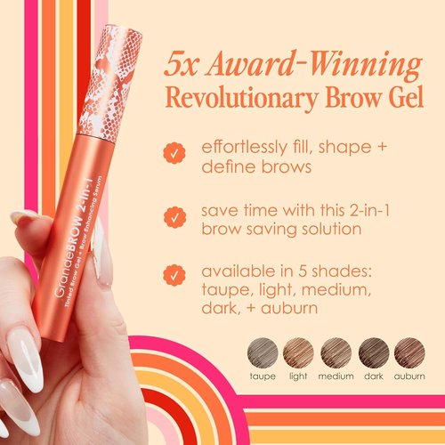 Grande Cosmetics GrandeBROW Tinted Brow Gel & Enhancing Serum - Thicker, Darker Eyebrows, Long Wear, with Castor Oil & Mini Fibers