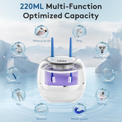 Ultrasonic Retainer Cleaner Machine, 48kHz Dental Cleaning Pod for Night Guards, Mouth Guards, Aligner, Braces, Toothbrush, Jewelry, Ultrasonic Dentures Cleaner with Digital Timer, 220ML, White