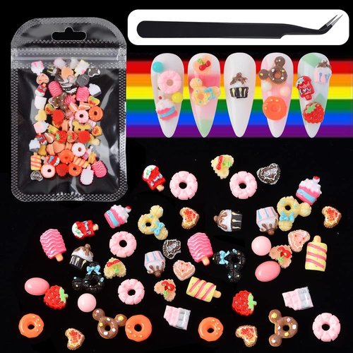BAIYIYI Candy Decor for Nails Multi Shape Resin Candy Sweet Charms 3D Cute Slime Charms Beads Flatback Dessert Ice Cream Design for DIY Nail Art Craft Accessories with Tweezers(100 Pieces)