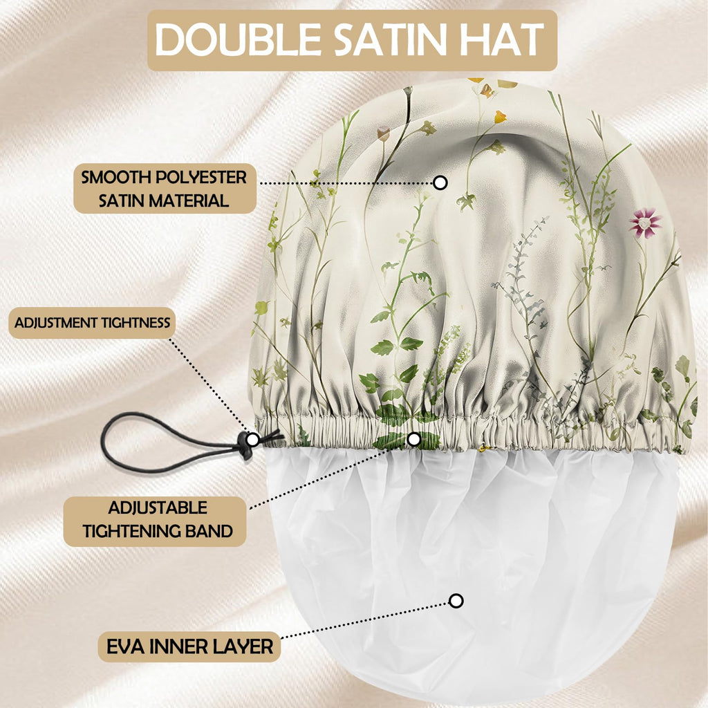 Zewurtuw 2 PCS Shower Cap Adjustable Reusable Double Waterproof Layer Elastic Hair Bath Cap Cute Aesthetic for Women Girls-Floral