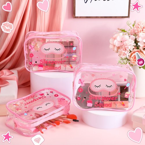 Aliceset 8 Pcs Sleepover Party Supplies Sleepover Squad Makeup Bags Slumber Birthday Party Favors Spa Squad Cosmetic Bag Spa Stuff Waterproof Toiletry Pouches Overnight Decorations(Pink)
