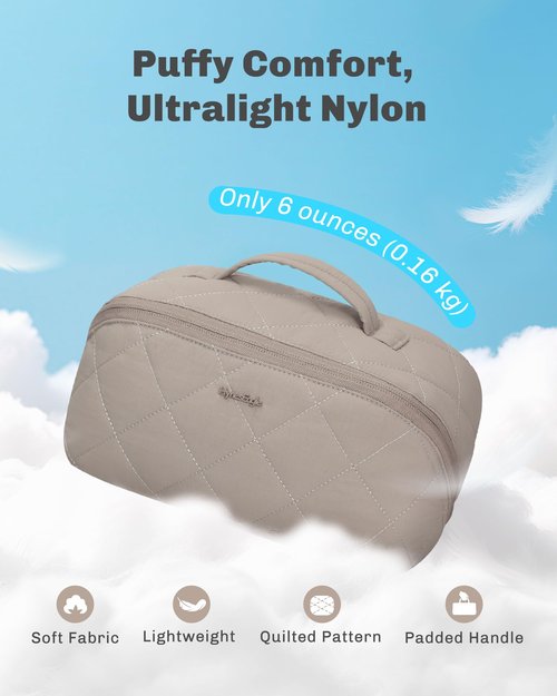 Hynes Eagle Travel Makeup Bag for Women Puffy Cosmetic Organizer Pouch Open Flat Toiletry Bag for Toiletries, Brushes Camel