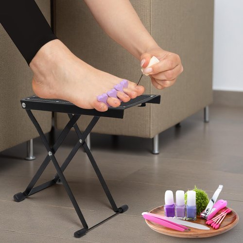 Pedicure Foot Rest, 6 Heights Adjustable Foot Stool, Metal Foldable Non-Slip Stand for Home and Salon Use Pedicure Station, Ideal Pedi Stool for Nail Tech or Guitar Foot Stool Black