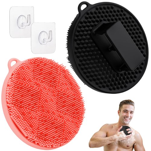 GEENOA Silicone Body Scrubber 2PCS, Hygienic Silicone Loofah with Waved Bristles and Non-Slip Handle, Durable Body Buffer Shower Scrubber for Gentle Exfoliating & Lathering(Black+Pink)