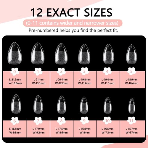 COLOURSMILE Short Almond Full Cover Nail Tips - 216pcs Pre-Shaped Gel Gelly Tips, 12 Sizes for Acrylic Nail Extension, Home DIY & Nail Salon