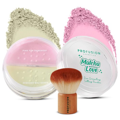 Profusion Cosmetics Matcha Love Duo | Weightless 2-in-1 Correcting Powder & Kabuki Brush - Revive Dull Skin, Talc-Free