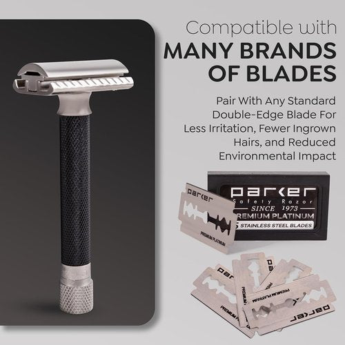 Parker THE VARIANT CLOSED COMB - ADJUSTABLE Double Edge Safety Razor, Customize your Shave with a Turn of the Dial from Mild to Aggressive - 5 Blades Included (GRAPHITE GRAY)
