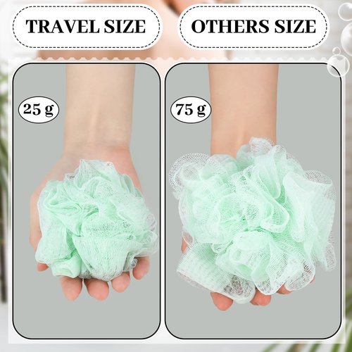 Funnymoom 12 Pcs Travel Size Loofah Individually Wrapped, Small Shower Puff Bath Sponge Pouf Ball Bulk Mesh Bath Puff Mini Loofah Sponge with Case Bulk for Shower Care (25g,Colorful)