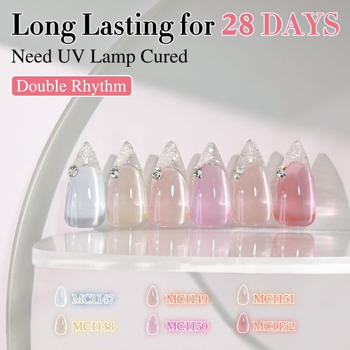 Double Rhythm Cat Eye Gel Nail Polish Set - 6 Shimmer Glitter Colors | 0.5 Oz Holographic Magnetic Kit