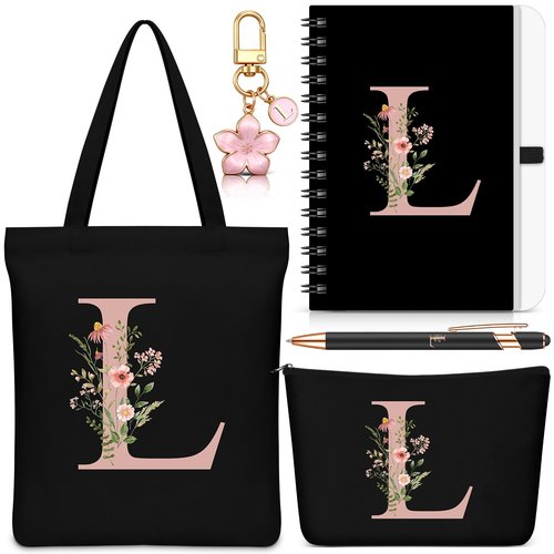 Talltalk 5 Pcs Personalized Women Gifts,Initial Tote Bag,Makeup Bag,Keyring,Notebook,Ballpoint,Black Alphabet Gifts for Women(Letter L)