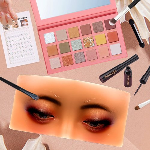 Penugo Silicone Mannequin Face for Makeup Practice Board with Makeup Brushes, Rhinestones Sticker (Wheat Colored)