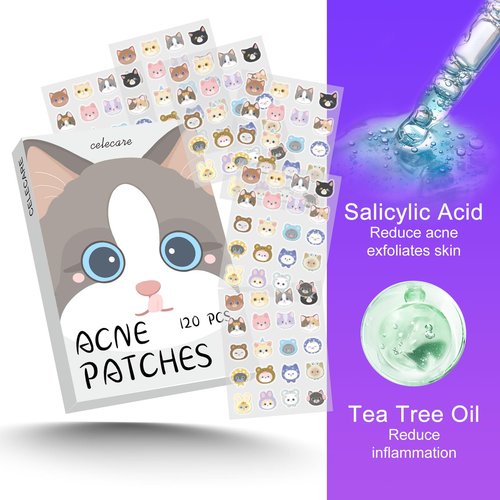 CELECARE Cat Pimple Patches,Cute Pimple Patches,Acne Patches for Face, Cute Stickers,Salicylic Acid & Tea Tree, 120 Hydrocolloid Dots in 20 Colors for Face,Cute Cat Pimple Stickers