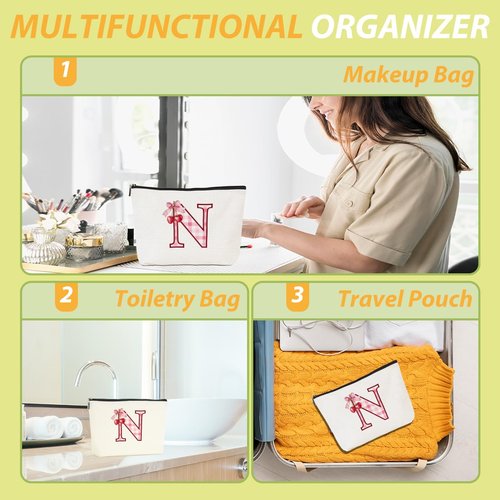 CQM Initial Makeup Bag Monogram Cosmetic Bag Monogrammed Gifts for Women Girls Friends Coworker Sisters Personalized Travel Toiletry Bag Christmas Bridal Shower Wedding Bridesmaid Gifts, Cherry N