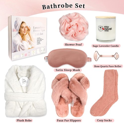 My Novel Things Birthday Gifts For Women, Bathrobe Set With Silky Satin Sleep Mask, Spa Robe and Slippers set, Scented Candle Self Care 7 Pack Set Suitable For Christmas Thanksgiven Day Red