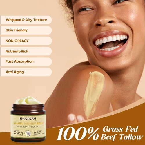 Hicream Beef Tallow for Skin, Beef Tallow and Honey Balm, 100% Organic Grass-Fed Beef Tallow Balm, Face & Body Moisturizer, Deeply Nourishment for Dry, Cracked, Sensitive Skin, Natural Formula (4 Oz)