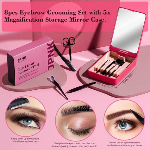 JPNK Eyebrow Trimmer Kit, 8 in 1 Scissors Professional Eyebrow Grooming Set for Women and Men with 5X Magnifying Mirror