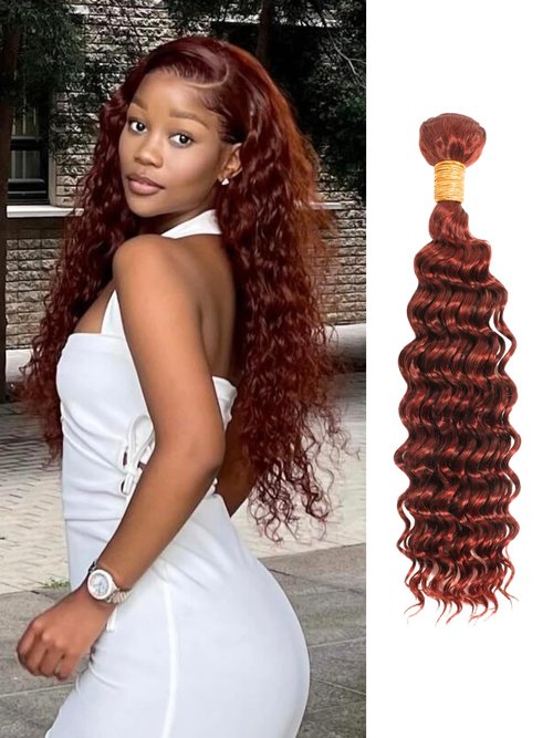 AUROO Reddish Brown Curly Human Hair, Thick Track Auburn Copper Red Colored Deep Wave Single Bundles 100% Virgin Human Hair Bundles #33b Remy Sew in 14 inch