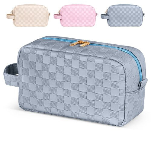 MAGEFY Makeup Bag, Checkered Travel Cosmetic Bag with Handle Leather Makeup Pouches for purse Make Up Bag Cute Makeup Bags for Women,Blue Haze