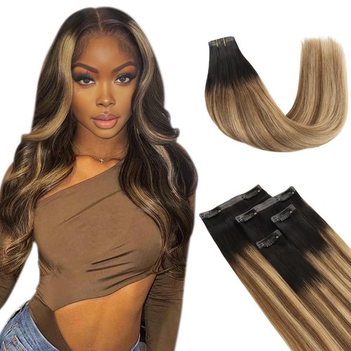 Lashey Seamless Clip in Hair Extensions Human Hair 4pcs 37g 14 Inch Straight Ombre Balayage Ash Brown Highlighted Honey Blonde with Natural Black Dark Roots