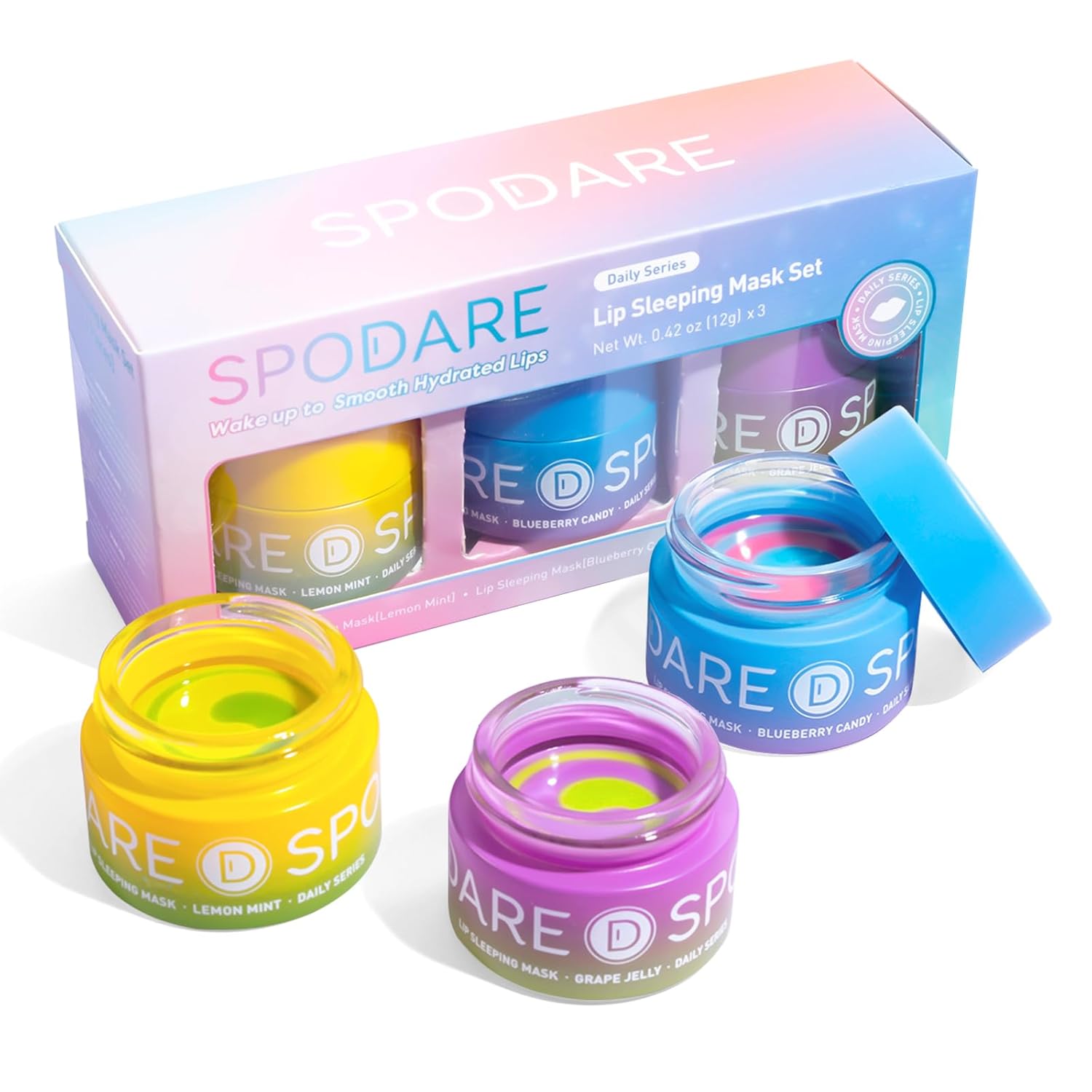 SPODARE 3-in-1 Dual-Color Lip Mask Set - Hydrating & Repairing for Dry Lips | Blueberry, Grape & Lemon, 1.26 Fl Oz