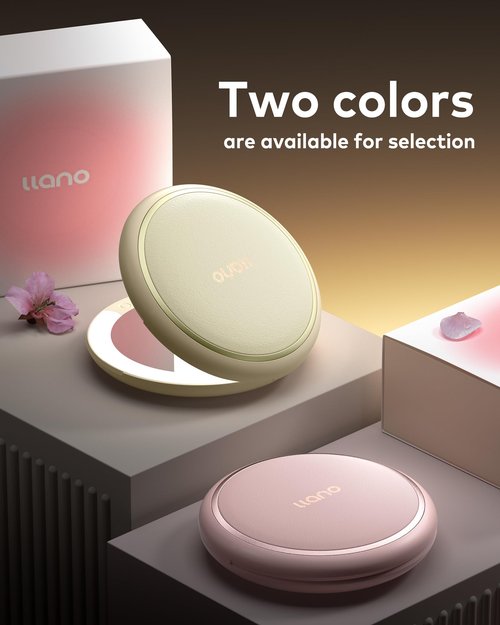 llano Compact Mirror, Lighted Travel Makeup Mirror with 1X/2X Magnifying Double Sided Dimmable Portable Pocket Mirror for Handbag and Pocket,Foldable Compact Mirror 3.6"L x 0.8"W, USB Charging (Pink)