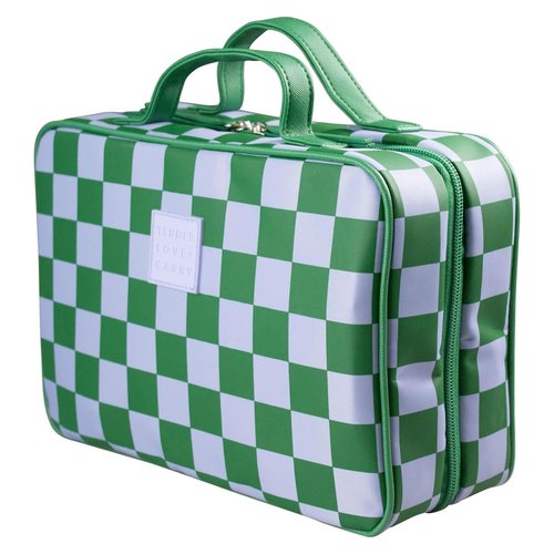 Tender Love + Carry Green Gambit Checkered Hanging Travel Bag, Toiletry Bag, Makeup Bag for Women, Portable Water-resistant Small Travel Bag for Toiletries & Cosmetic Essentials