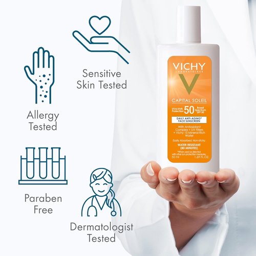 Vichy Capital Soleil Face Sunscreen SPF 50 - Anti-Aging Protection for Sensitive Skin | Travel Size, Oxybenzone Free