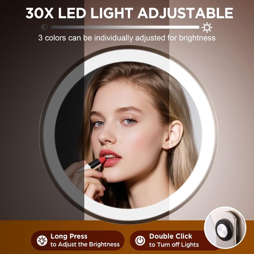 Makeup Mirror with Light, 30x Magnifying Mirror with 3 Lights Colors, 5000mAh Vanity Mirror Brushed Nickel - 360° Rotation, Brightness Adjustable Magnification, Modern Style Side Touch + Side Charge