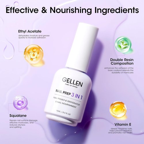 GELLEN Nail Primer & Dehydrator - 3-in-1 Acid-Free Formula with Squalane for Healthy Nails | 15ML