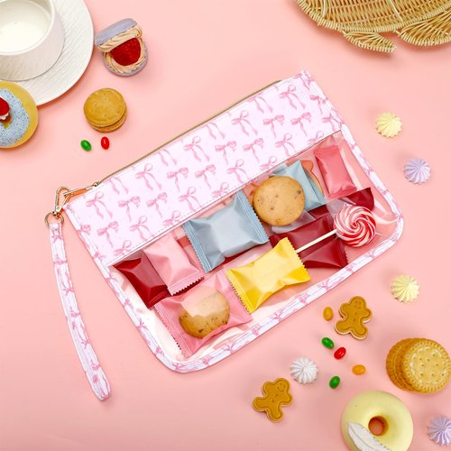 Kacctyen Pink Bow Clear Makeup Bag with Handle, Galentines Gifts for Women, Cute Coquette Zipper Cosmetic Bag Preppy Transparent Nylon Travel Organizer Portable Toiletry Pouch(Coquette)