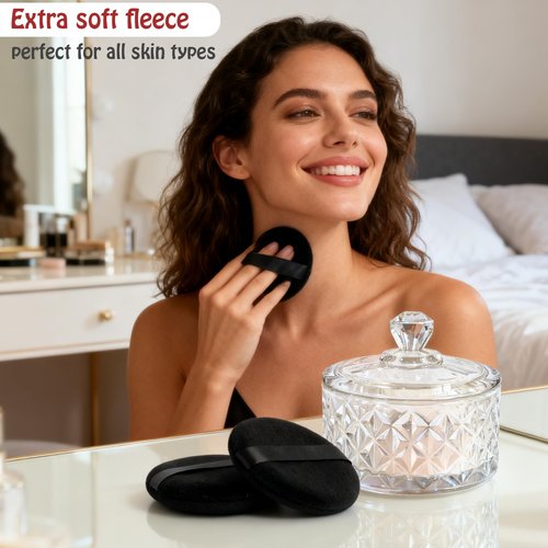 Large Body Powder Puff and Container - 2 Powder Puffs for Women Bath and Face Dusting Powder, Makeup Setting Powder Applicator for Talcum or Loose Powder (Black)