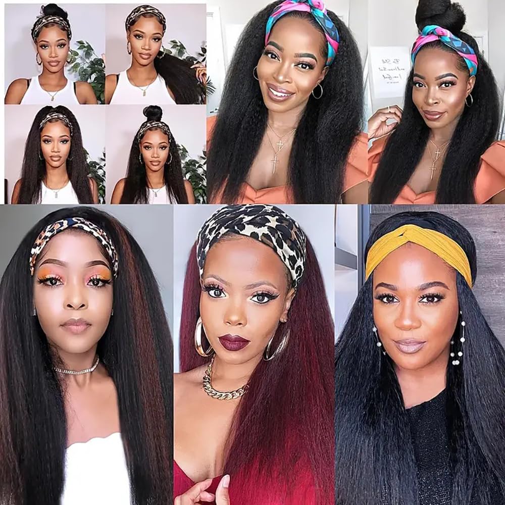 Zealady Kinky Straight Human Hair Headband Wig - 12A, 180 Density, Yaki Straight, Glueless, Half Wig for Black Women - 12 inch