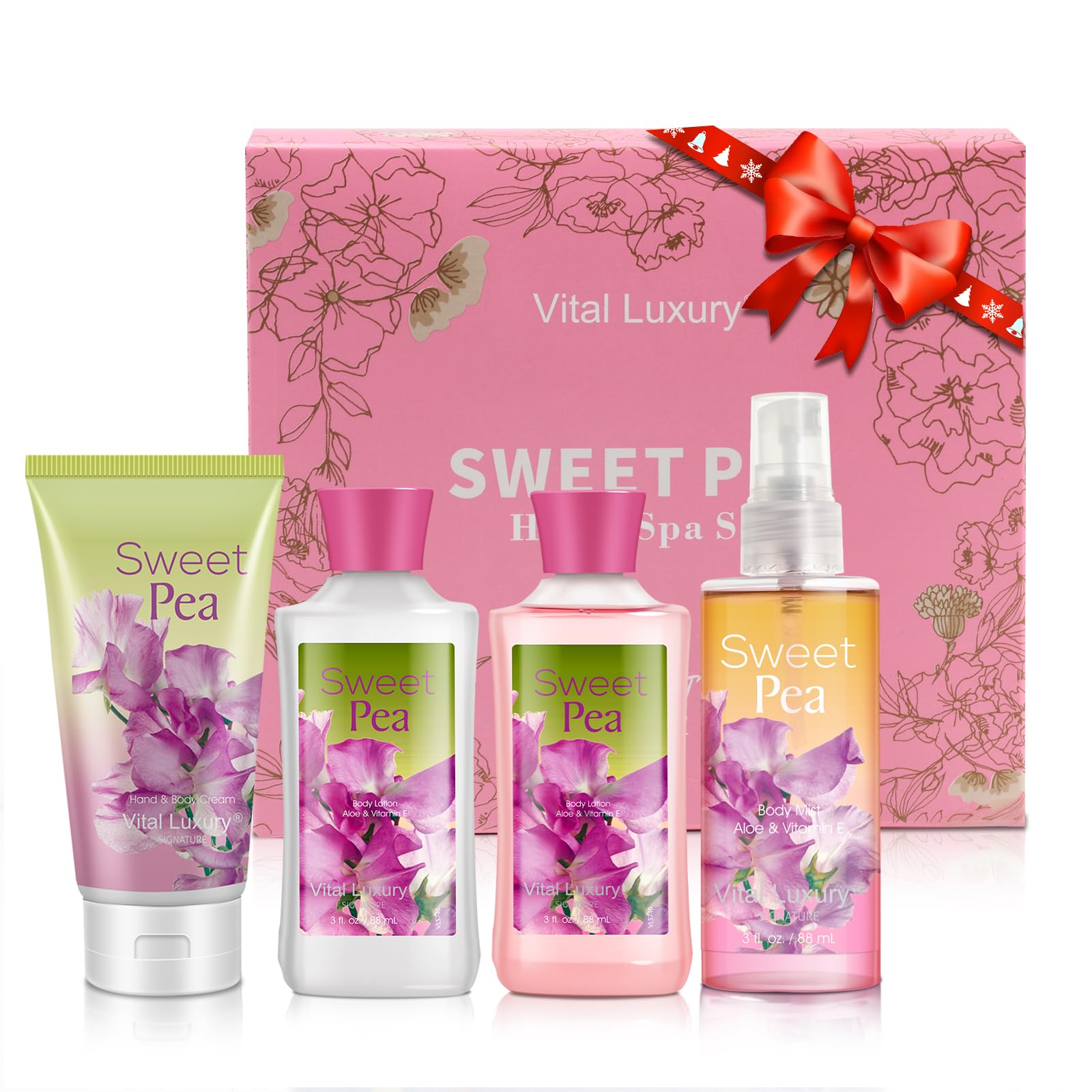 Vital Luxury Sweet Pea Bath & Body Kit, 3 Fl Oz, Ideal Skincare Gift Home Spa Set, Includes Body Lotion, Shower Gel, Body Cream, and Fragrance Mist, Birthday Mother's Valentine's Day Gifts for Her